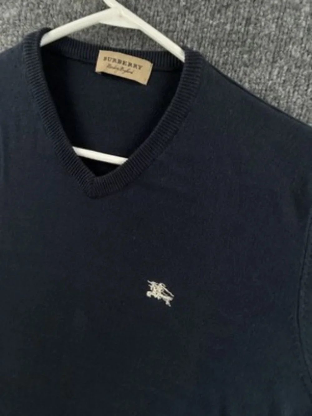 Burberry Italy Cotton Pullover Logo V-Neck Mens Blue Medium Elbow Patches Knit